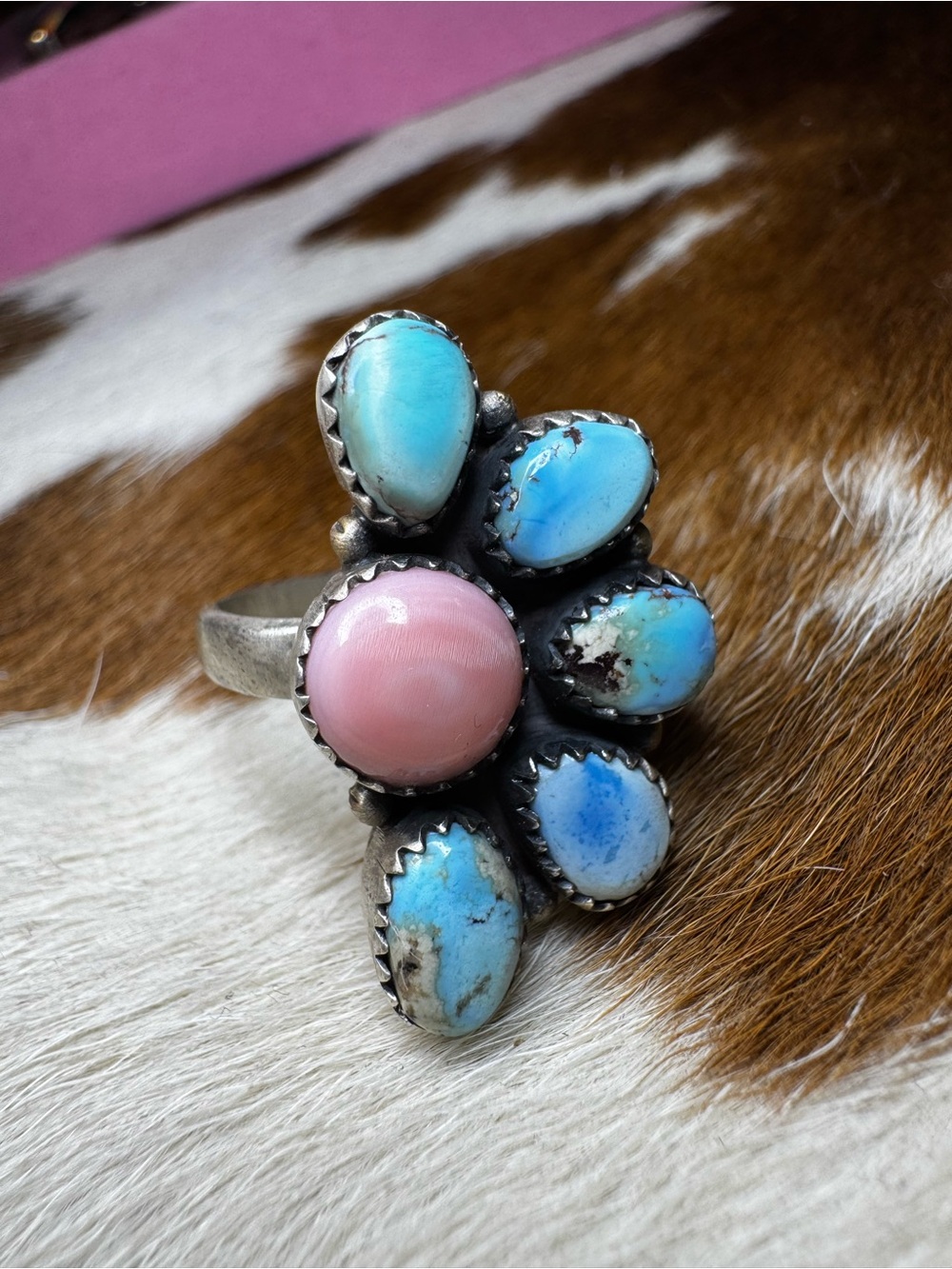 Pink Conch and Golden Hills Turquoise Cluster Ring
